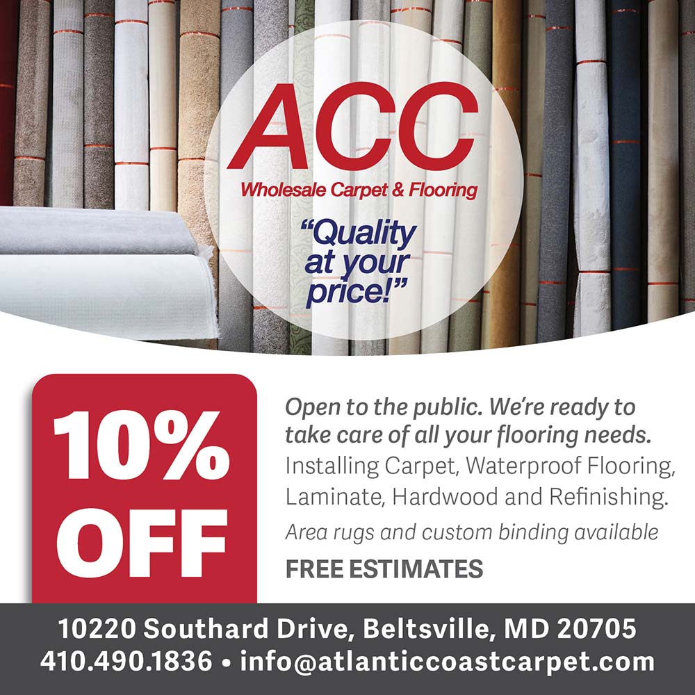 Atlantic Coast Carpet - Open to the public. We're ready to take care of all your flooring needs.
Installing Carpet, Waterproof Flooring, Laminate, Hardwood and Refinishing.
Area rugs and custom binding available
FREE ESTIMATES<br>10%
OFF<br>10220 Southard Drive, Beltsville, MD 20705
410.490.1836  info@atlanticcoastcarpet.com